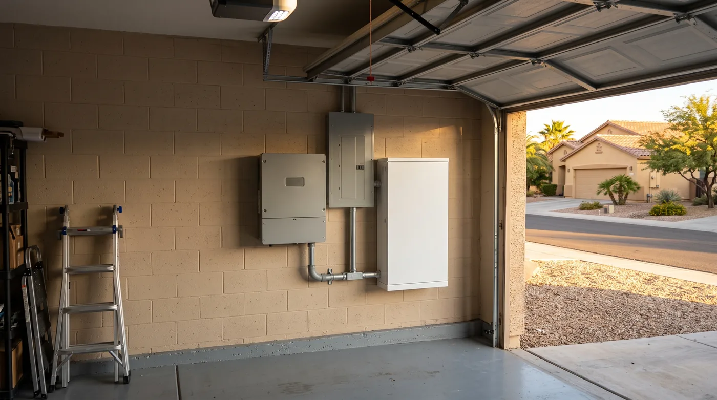 A new white battery cabinet mounted beside an older grey solar inverter on a Las Vegas garage block wall, joined by fresh conduit