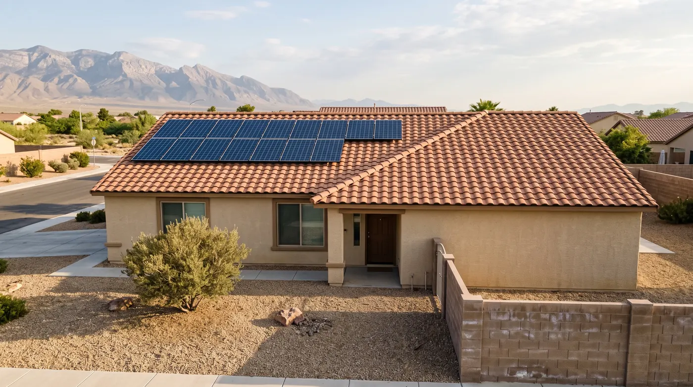 A single storey Las Vegas house with a clay coloured concrete tile roof, a row of dark solar panels on one roof plane and a clear, empty roof plane beside it, desert mountains behind