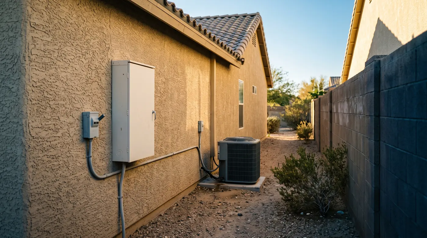 A white battery cabinet on the stucco side wall of a Las Vegas house with no panels on its tile roof, beside the air conditioning unit