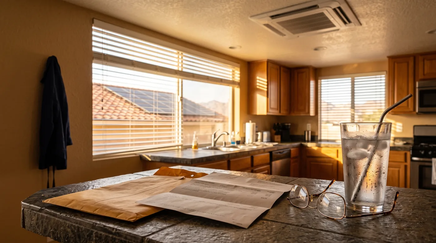 A Las Vegas kitchen counter in hot late afternoon light with an opened utility statement, reading glasses and a glass of iced water, solar panels on a tile roof visible through the blinds