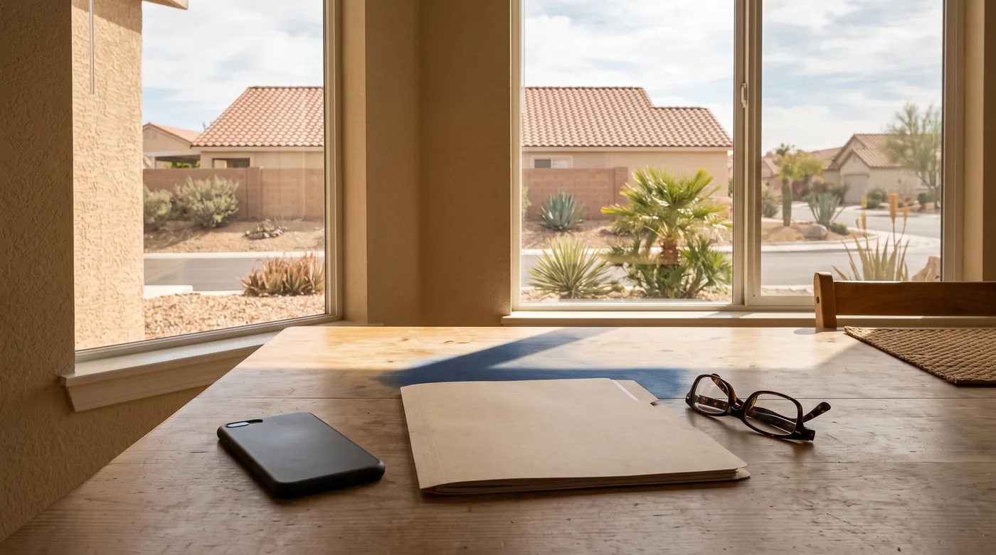 A kitchen table in a Las Vegas home in late morning window light, with a phone lying face down beside a closed folder and a pair of reading glasses, desert landscaping and tile roofs outside