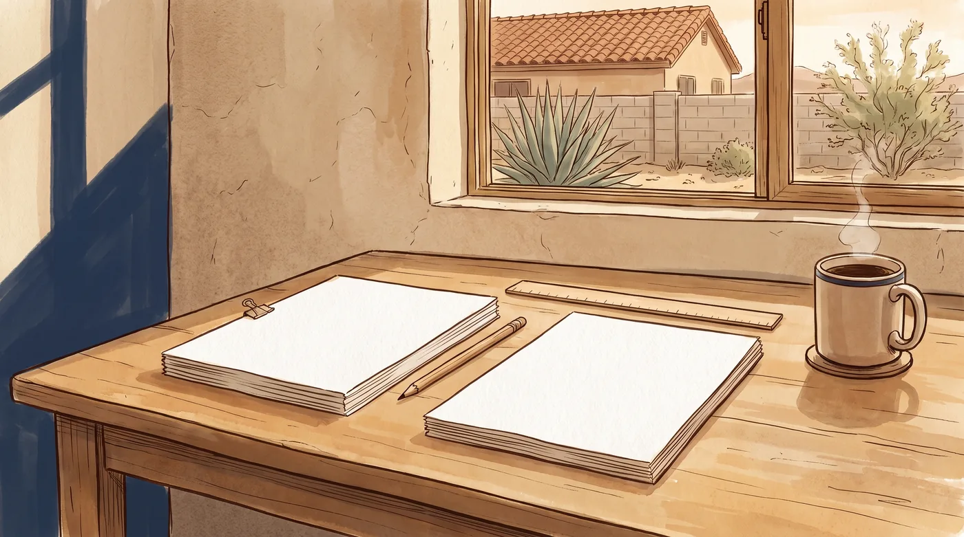 Two short stacks of plain printed proposals side by side on a wooden kitchen table in morning light, a pencil and a ruler between them, an agave in the yard outside