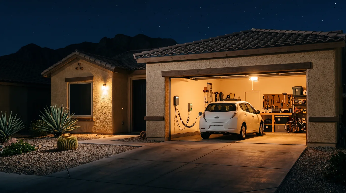 An open garage at night in a Las Vegas neighbourhood, a white electric car plugged into a wall charger while the rest of the stucco house sits dark