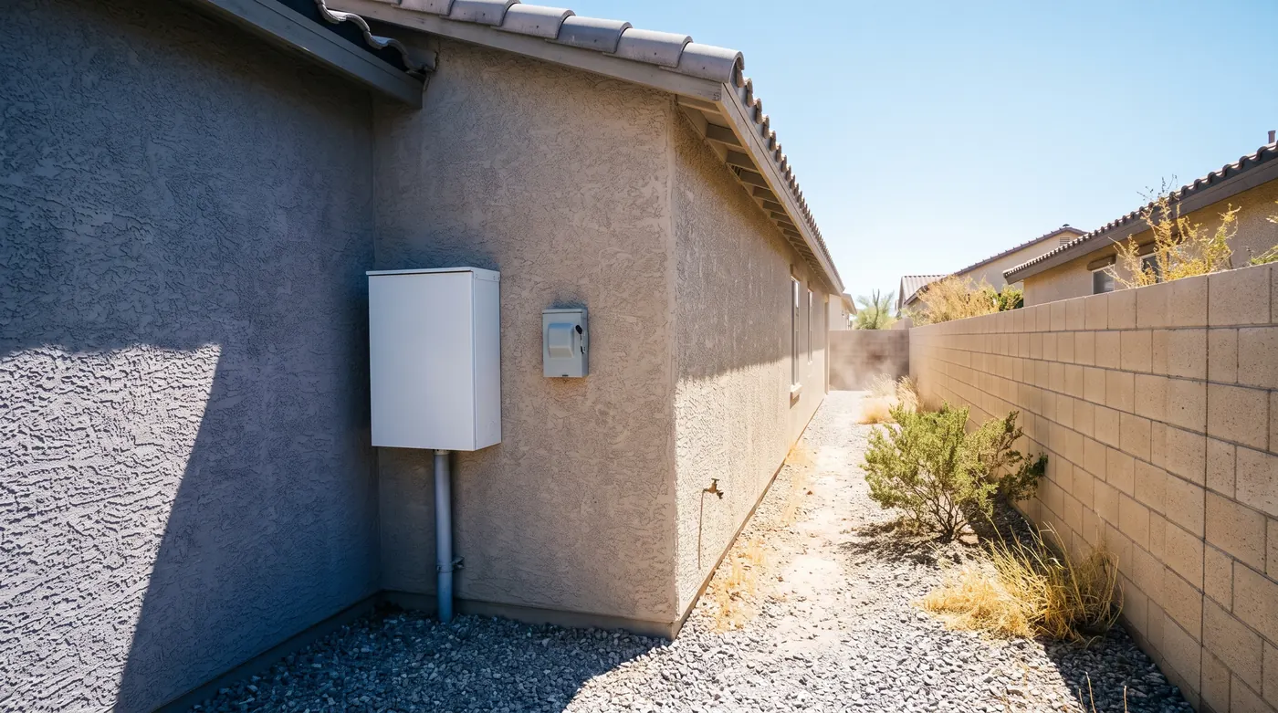 A white battery cabinet in the shade of a roof overhang on a Las Vegas side yard wall, gravel blazing in midday sun