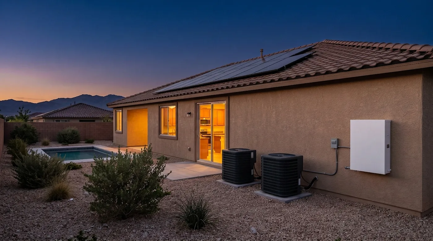 The back of a single storey Las Vegas home at dusk, two air conditioning condensers and a wall battery beside a lit kitchen