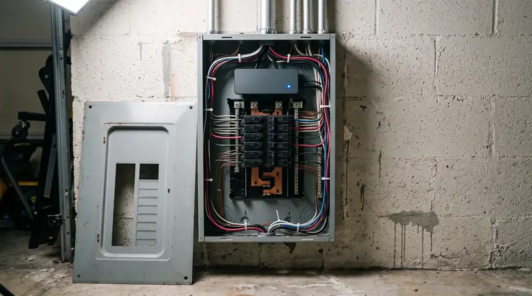 An open residential electrical panel with neat breakers, copper busbar and a load management module