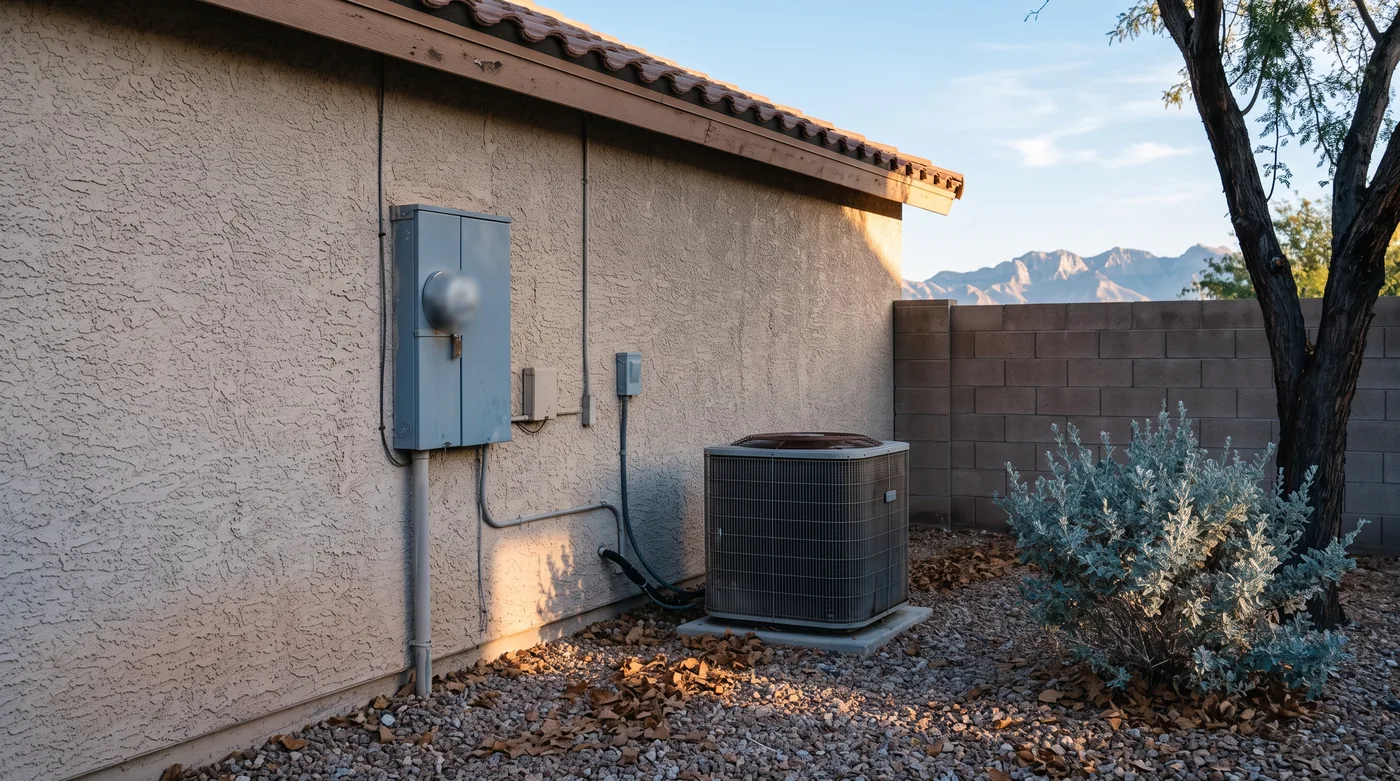 The side yard of a Las Vegas stucco house on an autumn morning, an electric meter on the wall beside a quiet air conditioning condenser, dry leaves on the gravel