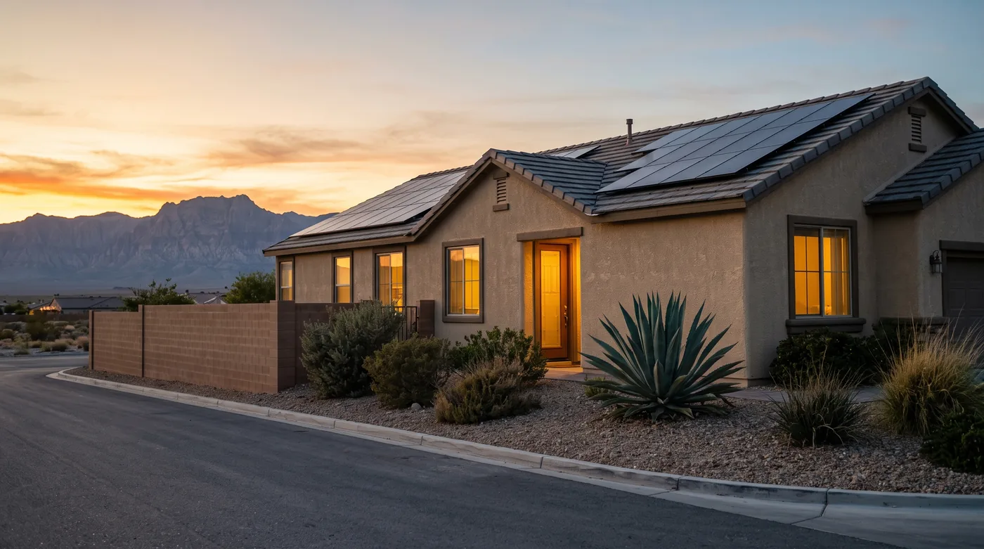 A Las Vegas stucco house in early evening, the sun low behind it, warm lights on inside the windows and the rooftop solar panels in shadow