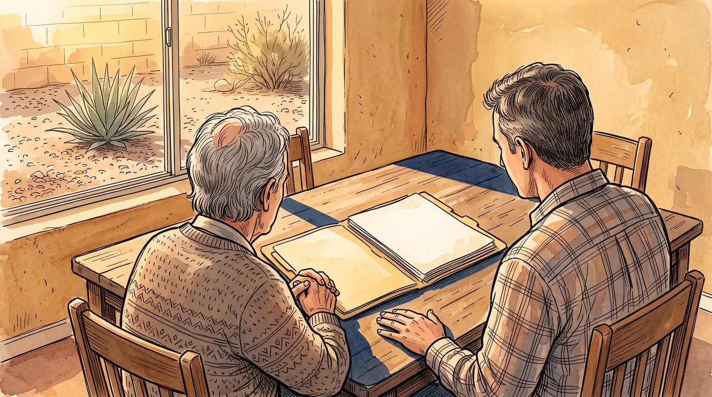 An older parent and an adult son seen from behind at a kitchen table in a Las Vegas house, an open folder of paperwork between them, a desert yard through the window