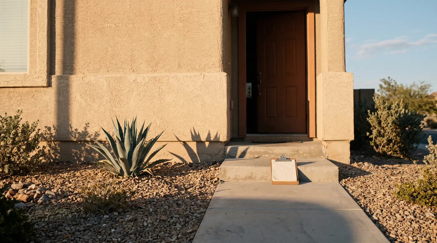 The front entry of a Las Vegas stucco house in late afternoon light, the door slightly open and a clipboard of blank pages left on the concrete step beside an agave
