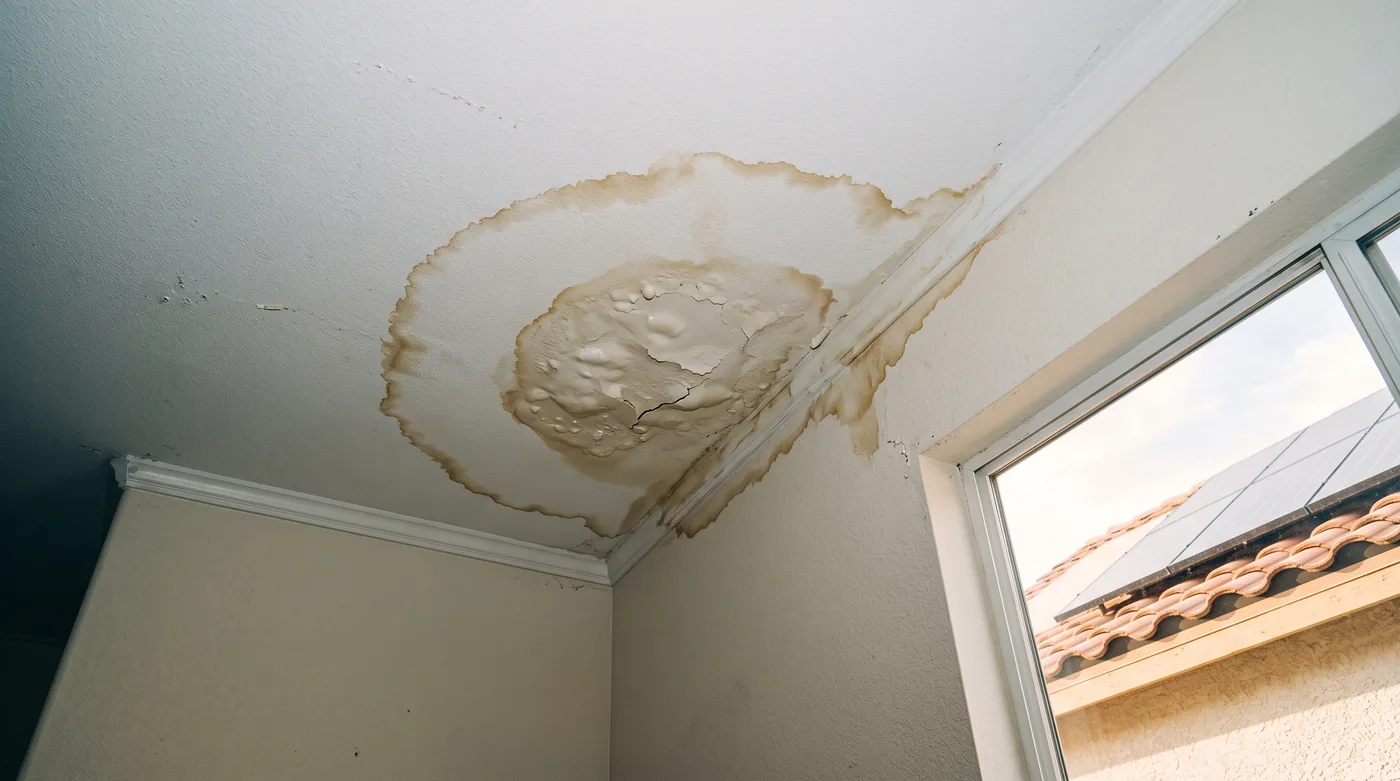 Looking up at a ceiling in a Las Vegas house with a large brown water stain and bubbled paint near the outside wall, a window showing the tile roof edge and solar panels