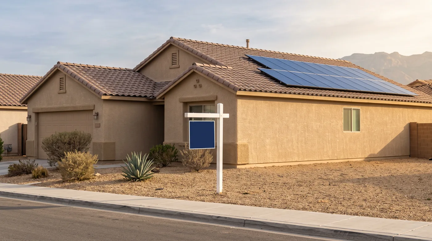 A single storey Las Vegas stucco house with solar panels on its tile roof and a blank for sale sign standing in the gravel yard, late afternoon light