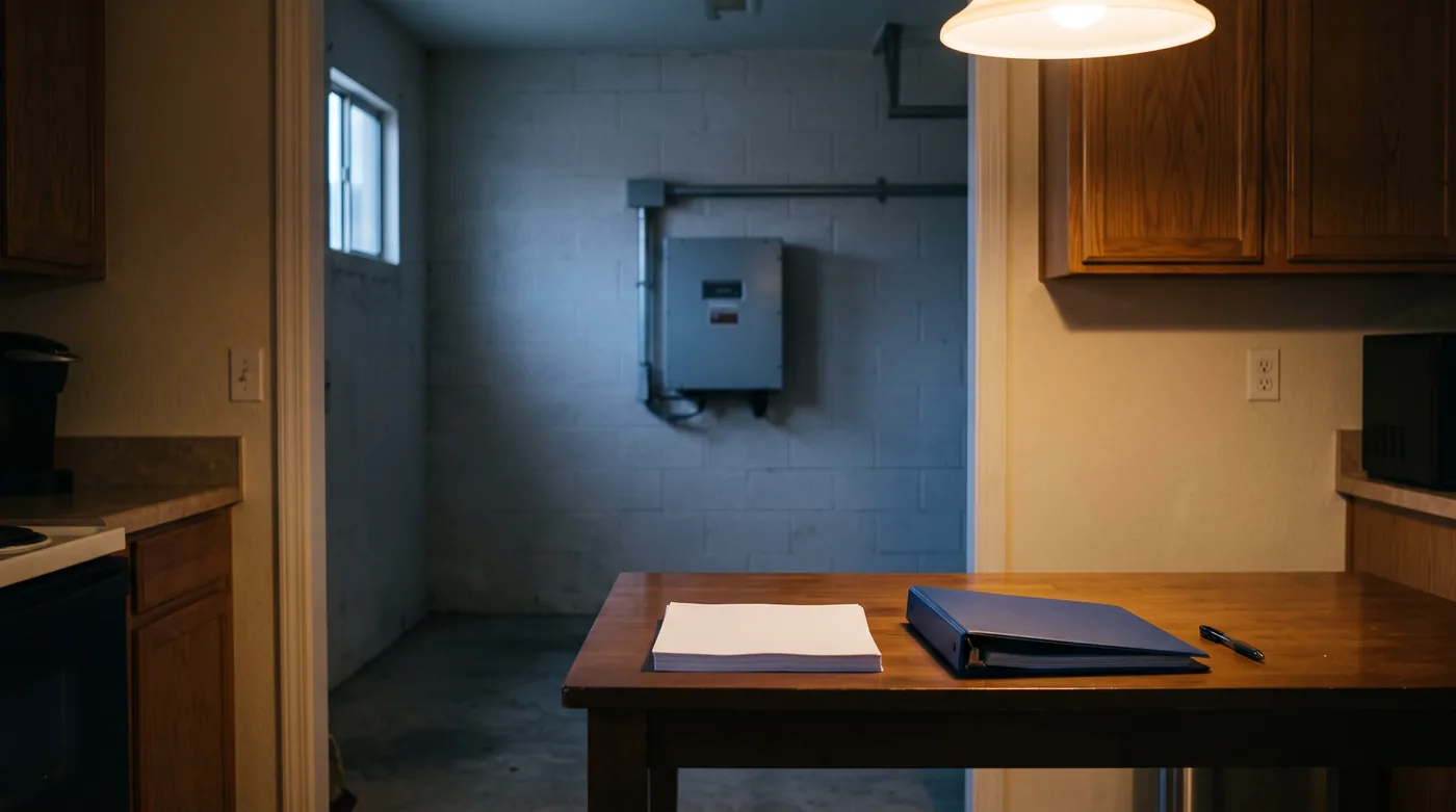 A kitchen table under a pendant lamp holding blank paperwork, a closed binder and a pen, and through an open doorway a grey inverter on a garage block wall in cool dusk light