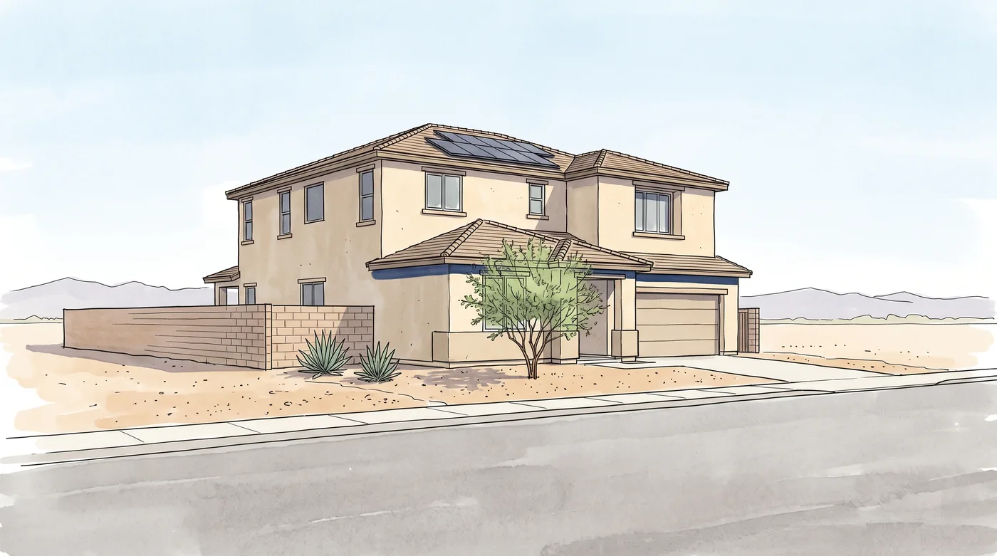 A drawn view of a newer two storey stucco home with rooftop solar panels across a wide residential street, agaves and a desert willow