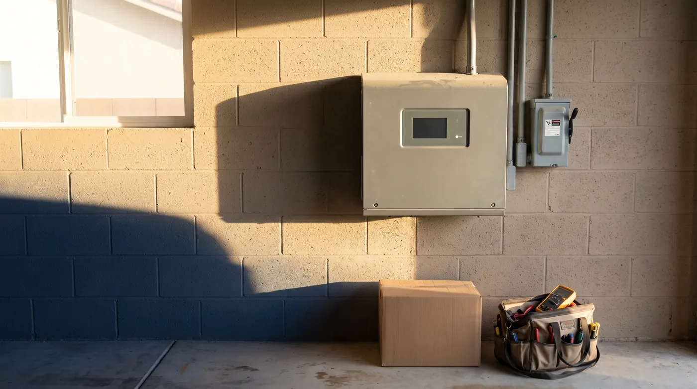 A grey solar inverter with a dark status light on a garage block wall, a closed carton and an electrician's tool bag on the floor below