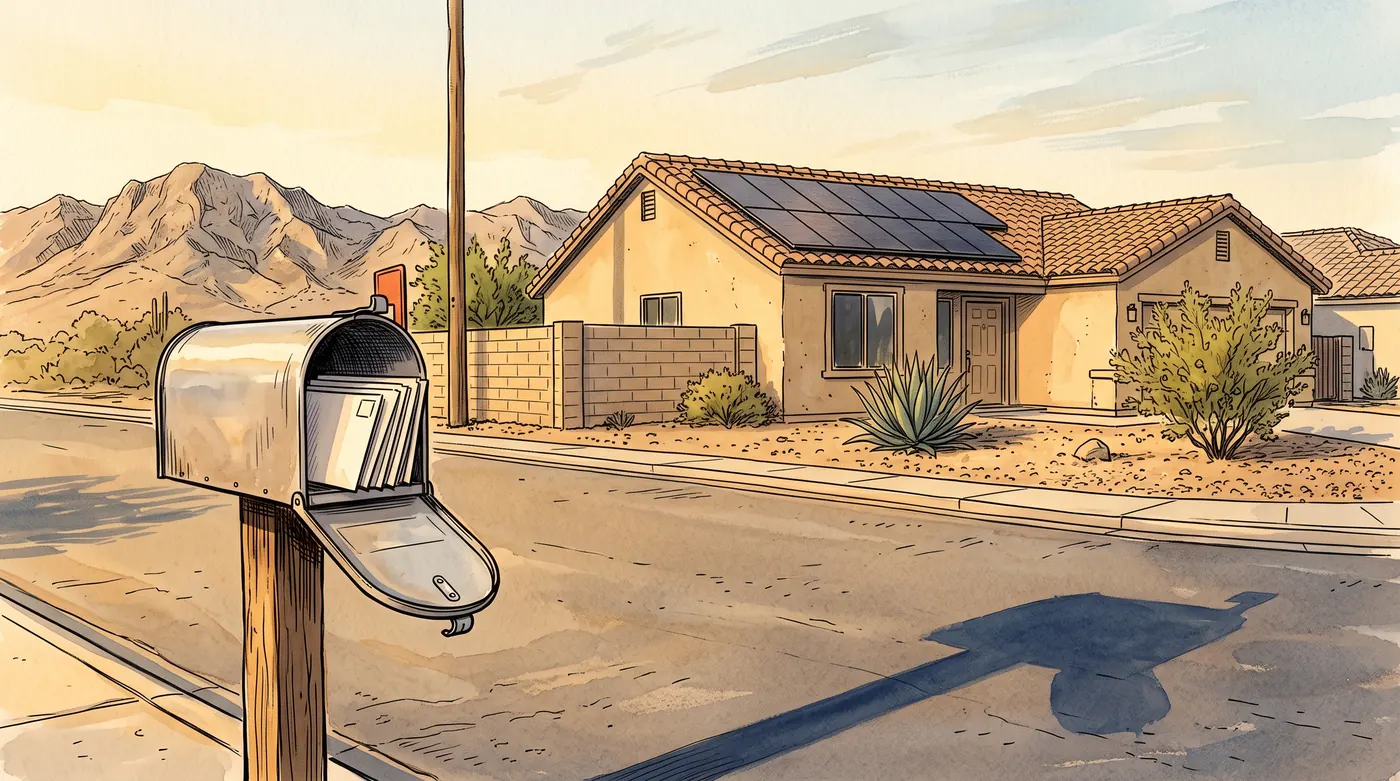 A single storey Las Vegas stucco house with rooftop solar panels in late afternoon light, seen across the street past a curbside mailbox holding a bundle of envelopes