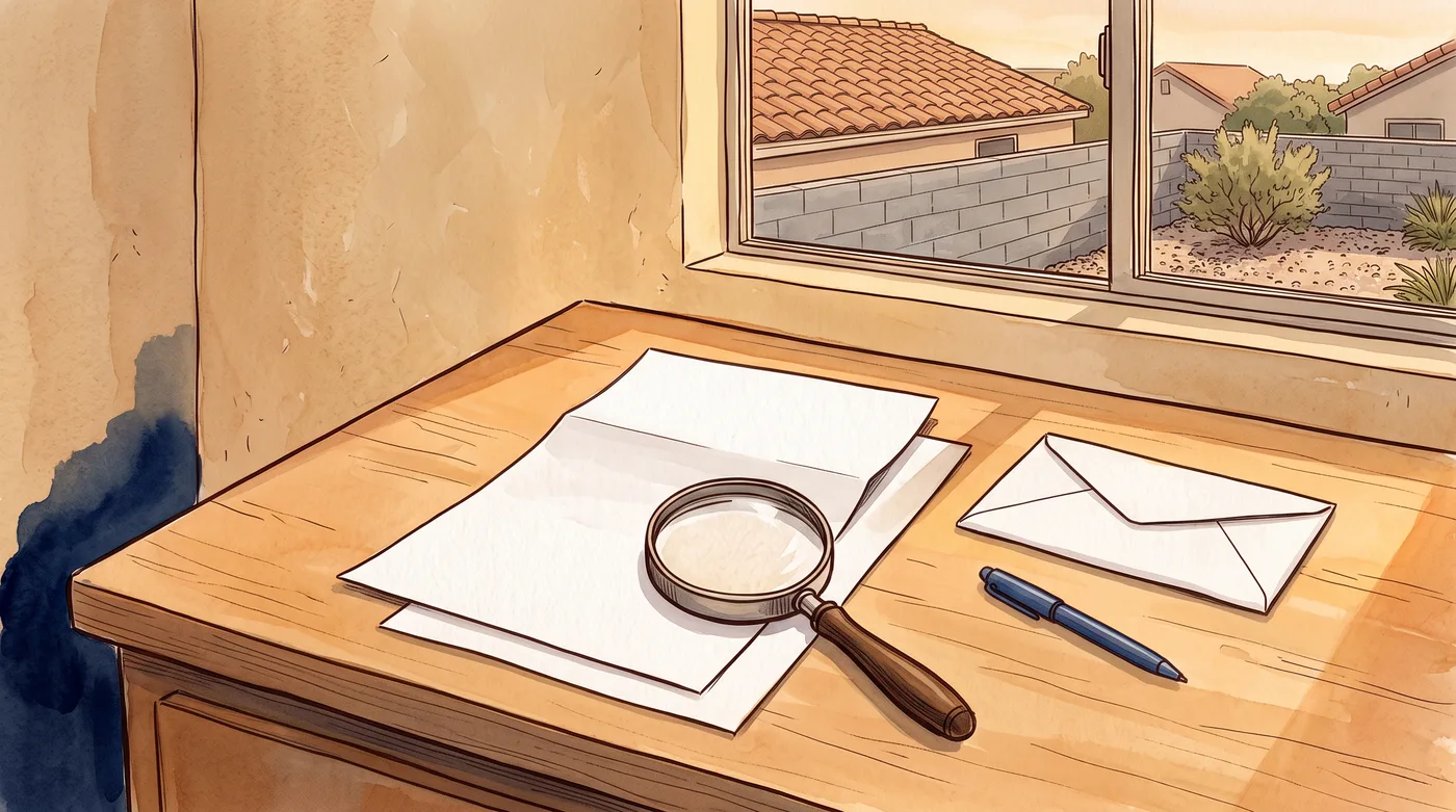A magnifying glass resting on two blank sheets of paper on a wooden kitchen counter, a plain envelope and a pen beside them, a tile roof and block wall outside the window