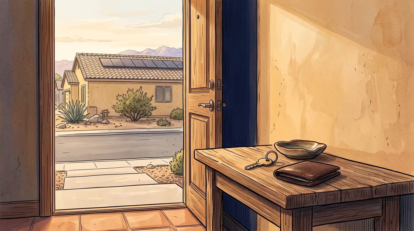 A house key and a closed leather wallet on a wooden console table inside an open front door, and across the street a stucco house with solar panels on its tile roof
