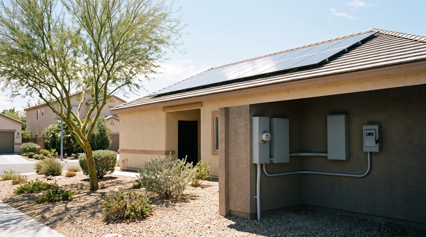 A new rooftop solar array in bright midday sun on a Las Vegas stucco house, the meter and disconnects at the side of the house in deep shade