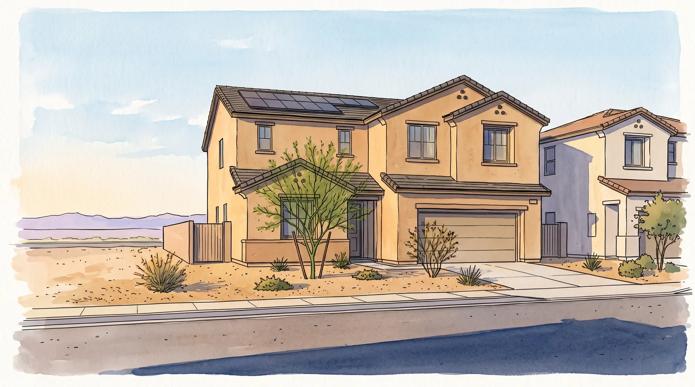 A drawn view of a two storey stucco tract home with rooftop solar panels across a quiet street, a young palo verde in a gravel front yard