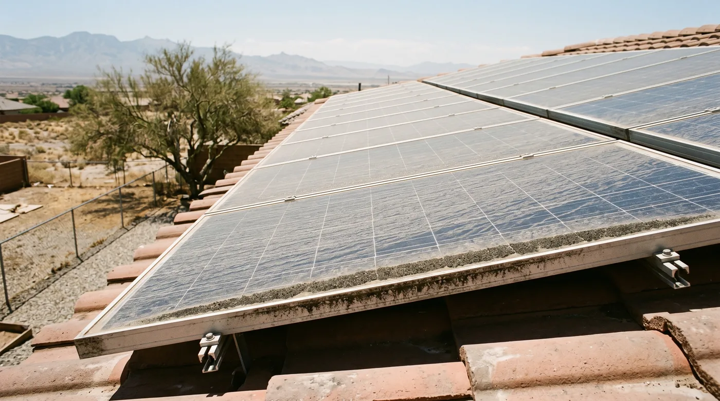 A rooftop solar array on a Las Vegas tile roof at midday, the panels coated in pale desert dust with a darker band of grit along their lower edges