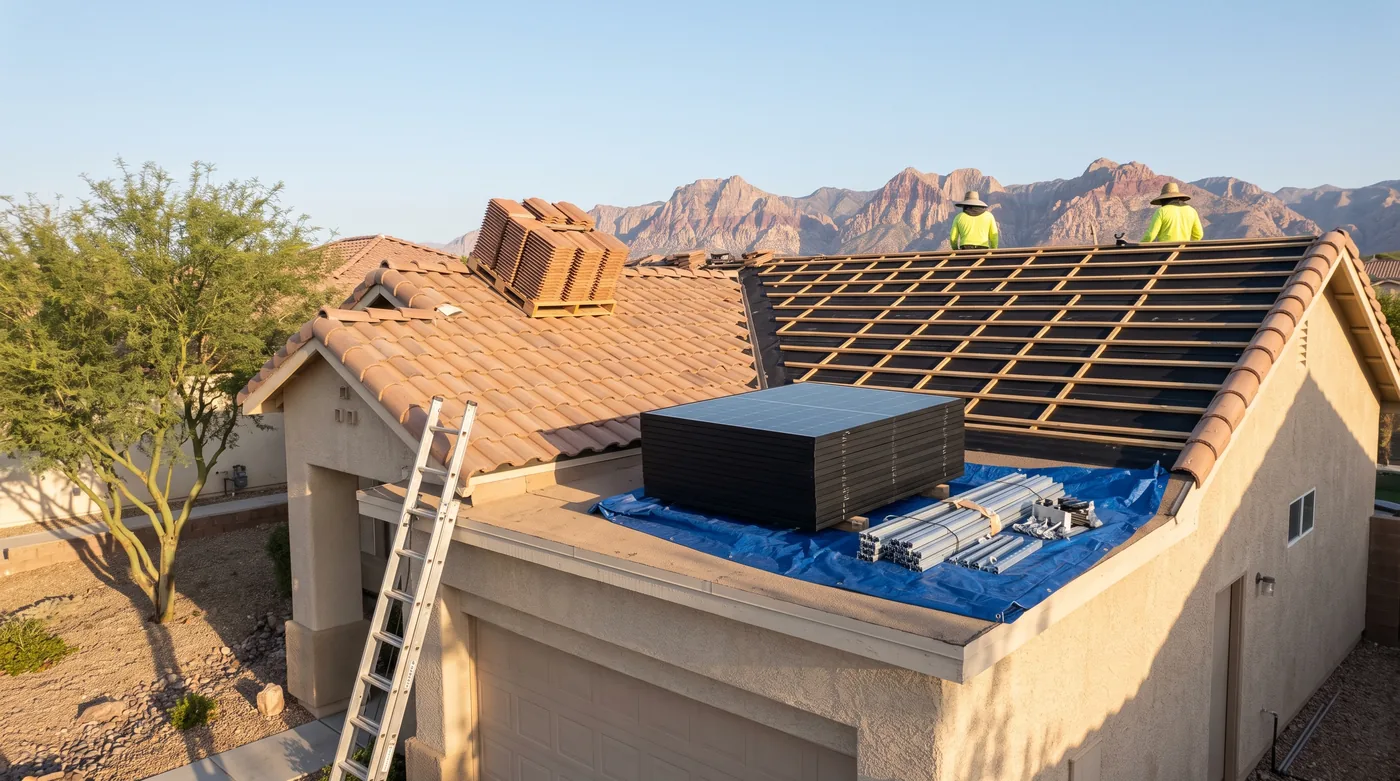 A Las Vegas tile roof half stripped to underlayment, solar panels stacked on a blue tarp beside it and new tiles waiting on a pallet in early morning light