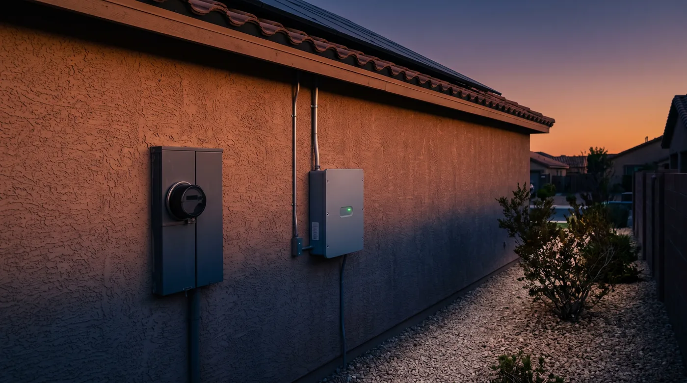 The side wall of a Las Vegas stucco house at dusk, with the utility meter and a grey solar inverter showing a small green light, conduit running up to a tile roof with panels