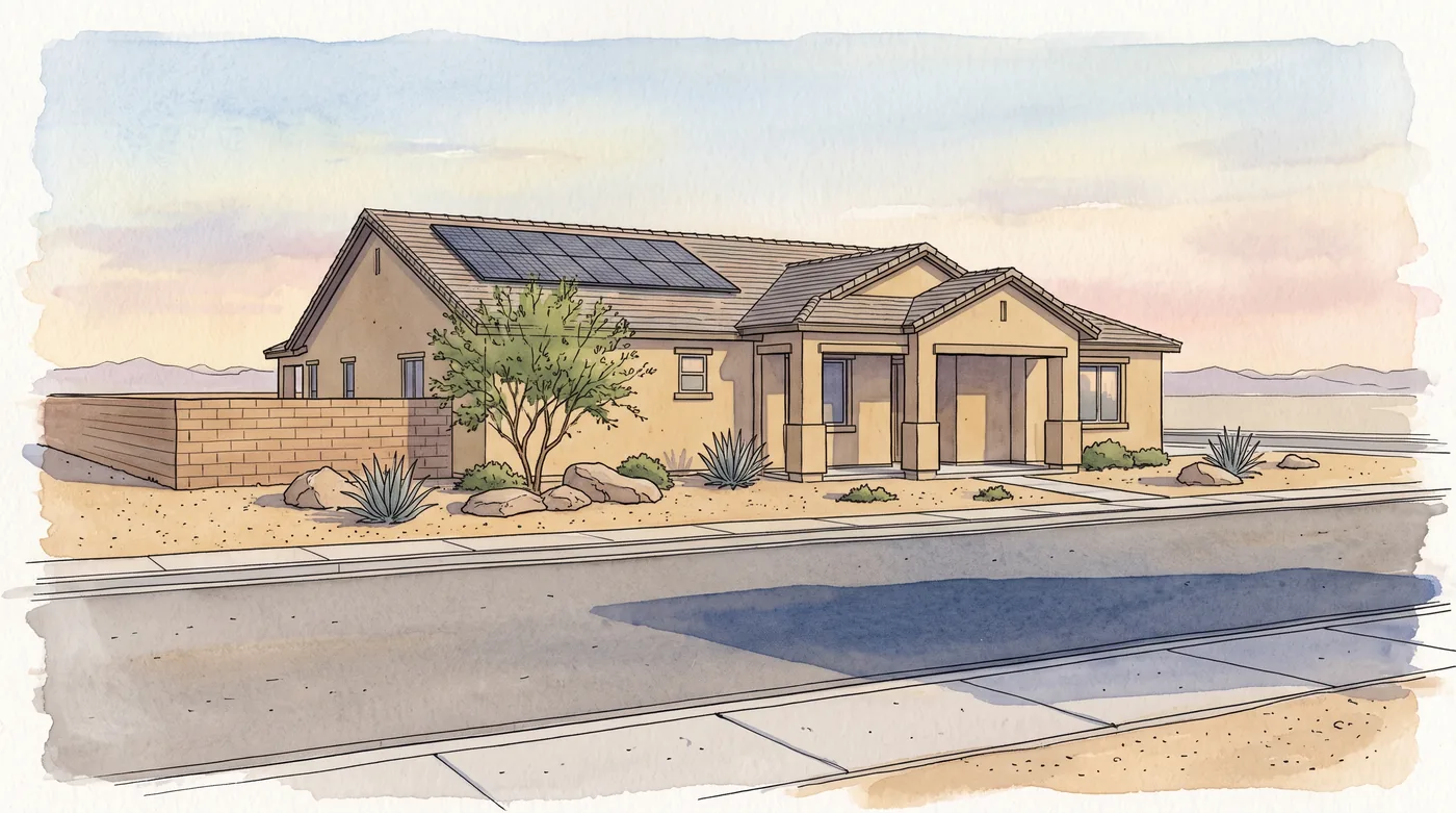 A drawn street-level view of a single storey stucco house with a tile roof and rooftop solar panels, desert landscaping and a block wall, low hazy mountains far in the distance