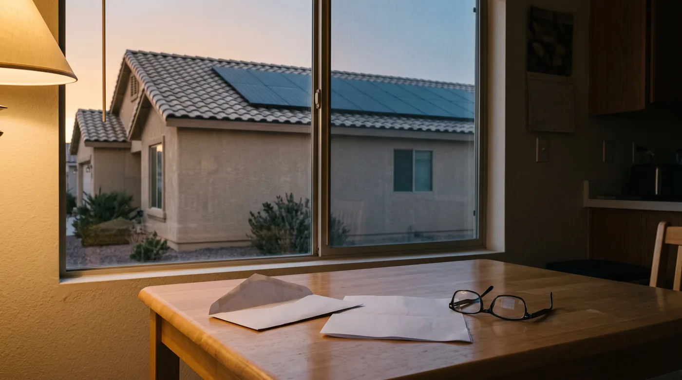 A kitchen table in evening light with an opened envelope and a folded monthly statement, and through the window a tile roof with a row of solar panels in shadow