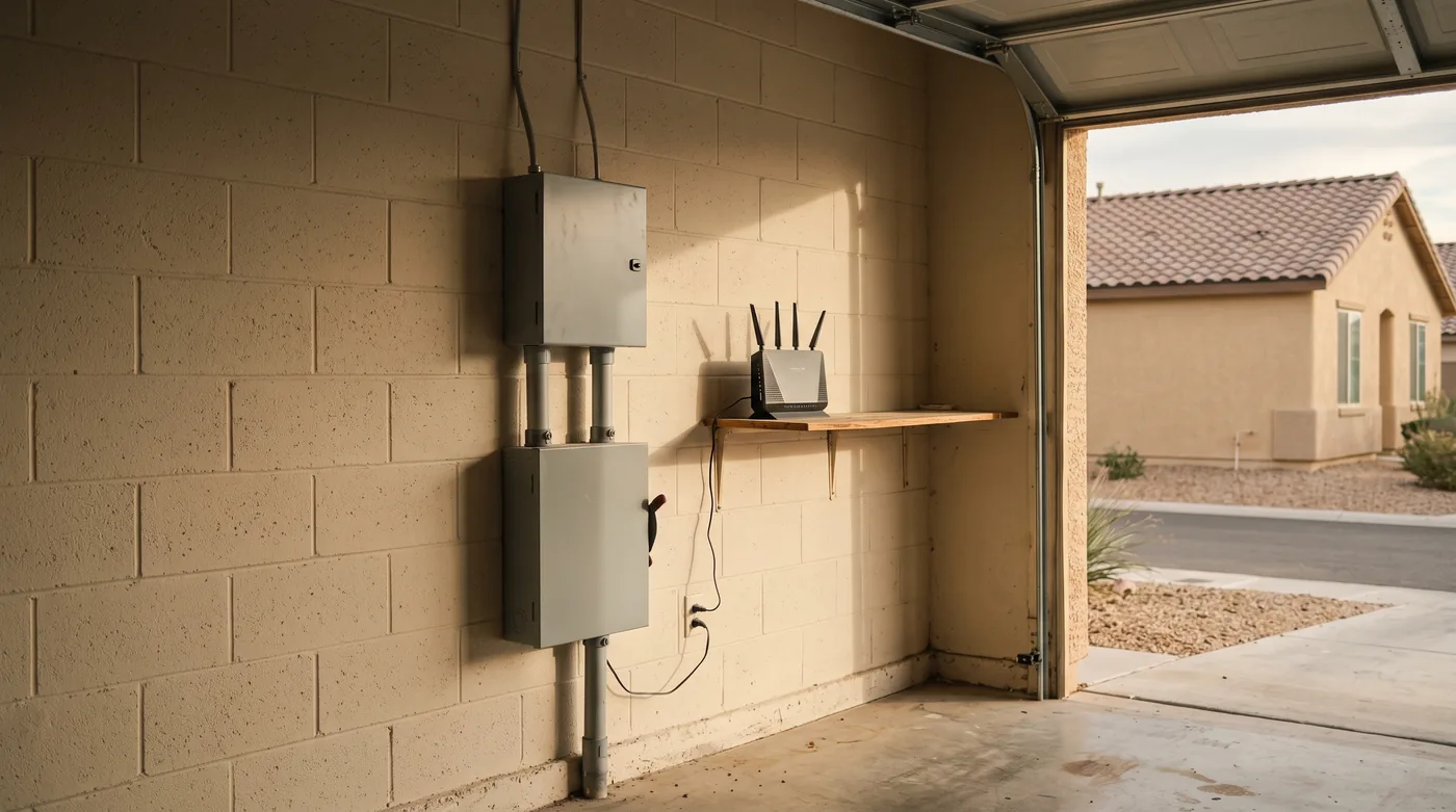 A Las Vegas garage wall at late afternoon with a small grey monitoring box and a combiner box joined by conduit, beside a wall router with no lights showing