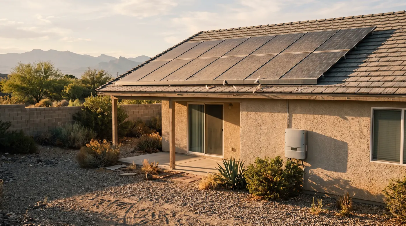 A dusty older rooftop solar array on the tile roof of a Las Vegas stucco house, with a grey inverter on the back wall in late afternoon light