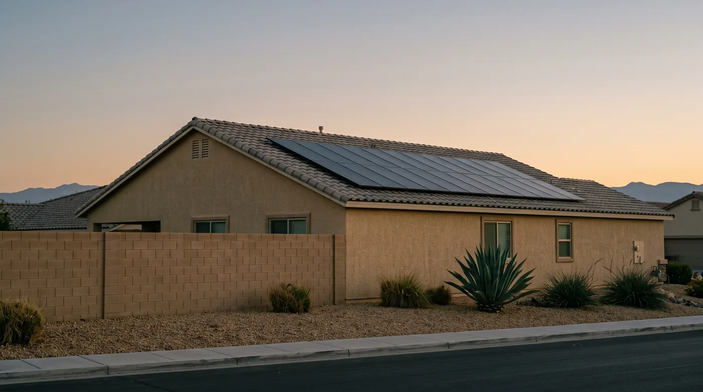 A Henderson house with a concrete tile roof and a row of solar panels at dusk, the panels dark and idle against a fading desert sky