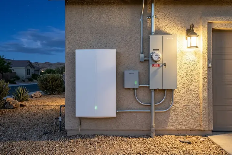 A wall-mounted home battery beside the electric meter on a stucco wall