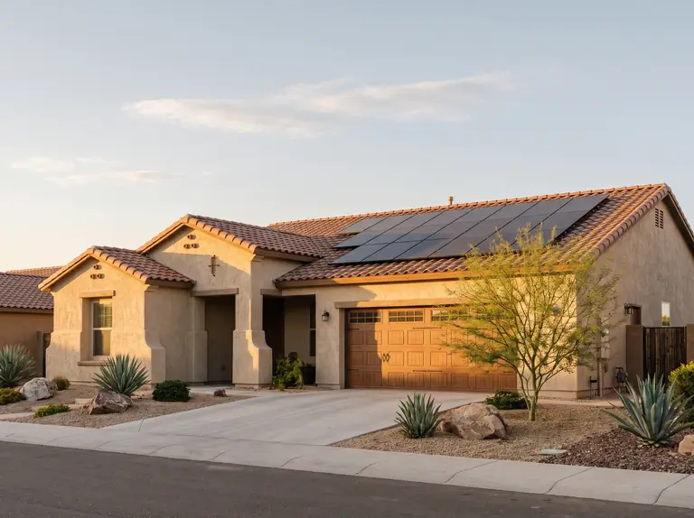 A single-storey stucco home with a tile roof in evening light, black solar panels flush on the roof and desert landscaping