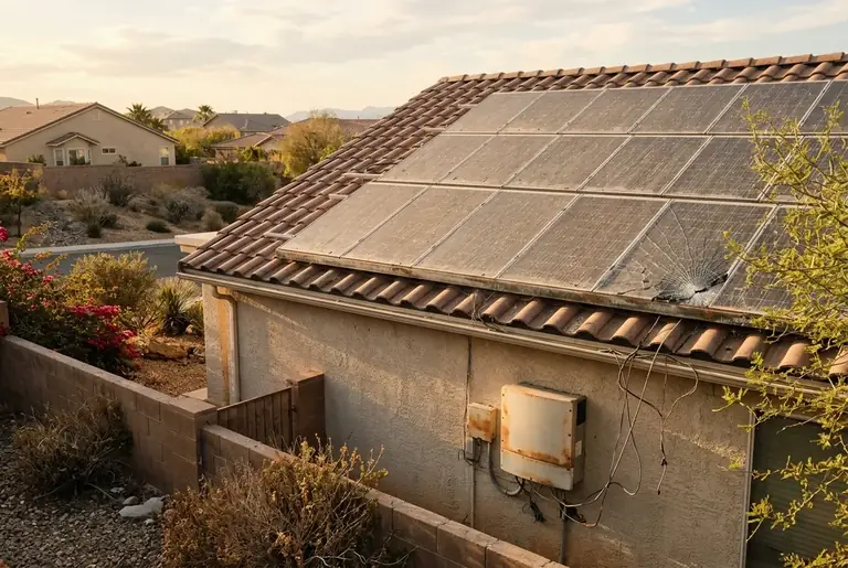 A neglected rooftop array with a cracked panel and a rusted inverter on the wall below